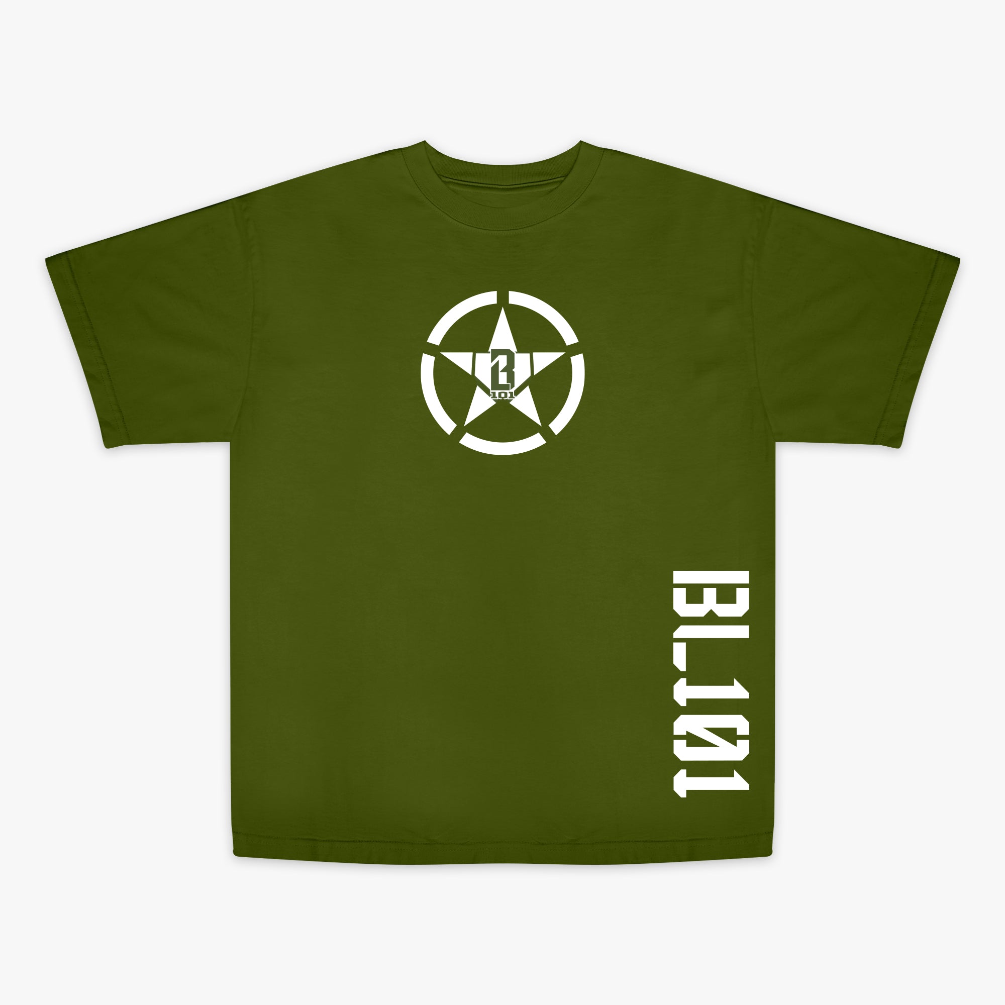 Army green T- shirt with white BL101 star logo on front and white BL101 lettering on side