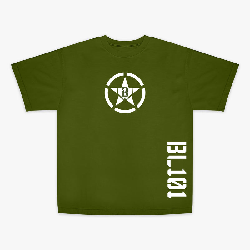 Army green T- shirt with white BL101 star logo on front and white BL101 lettering on side