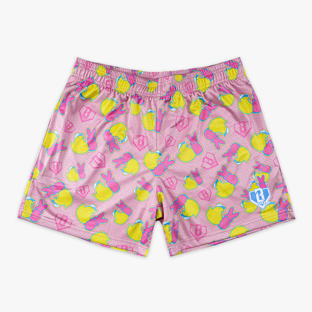 Pink shorts with pink and yellow peeps pattern and BL101 logo on a white background