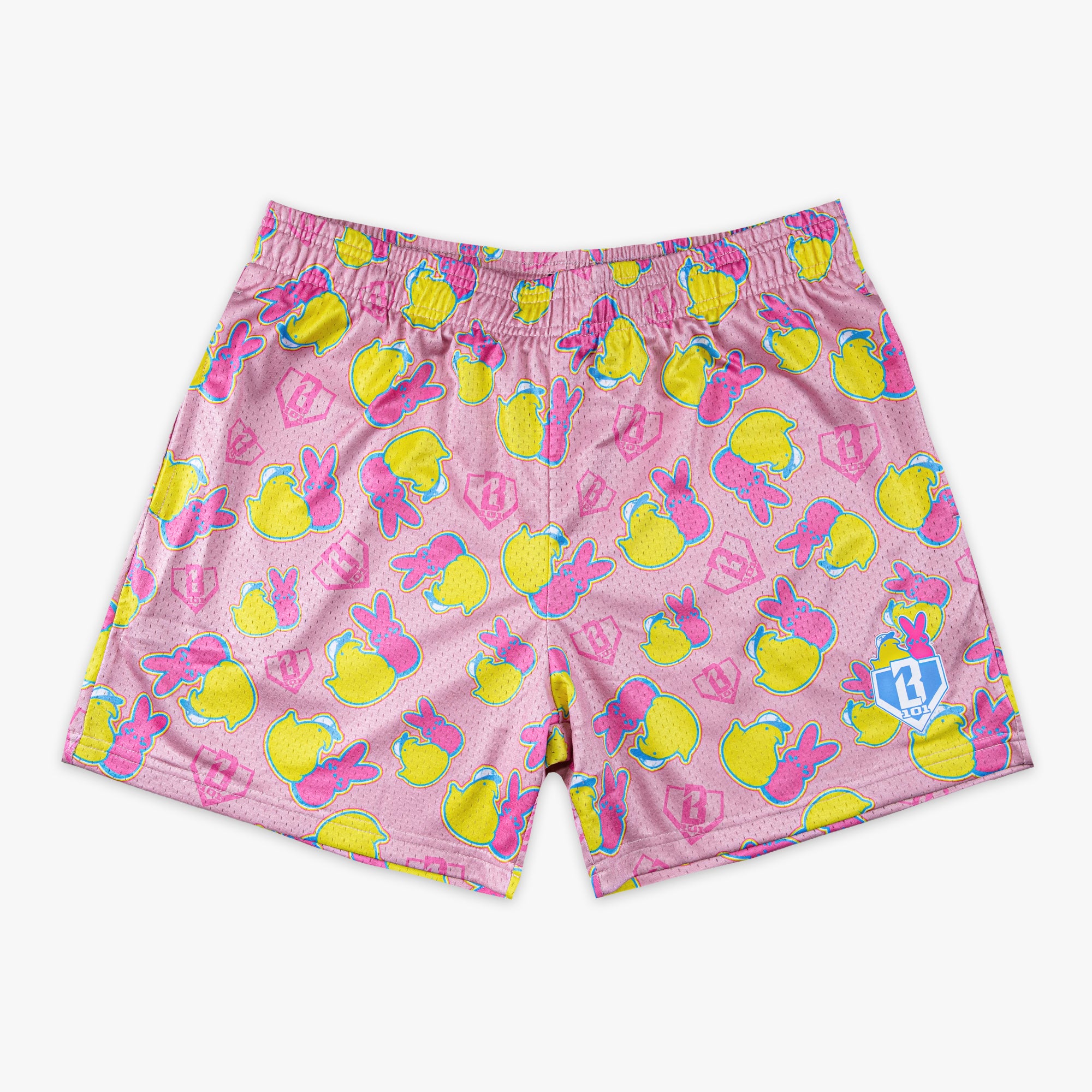 Pink shorts with pink and yellow peeps pattern and BL101 logo on a white background