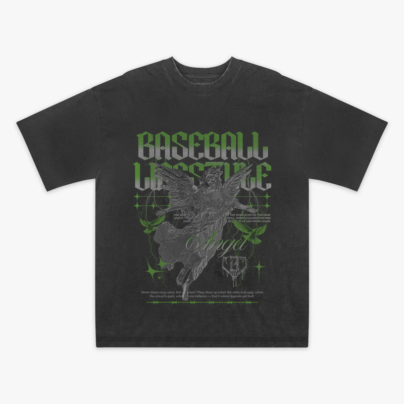 Grey t-shirt with green and grey graphic design on a white background