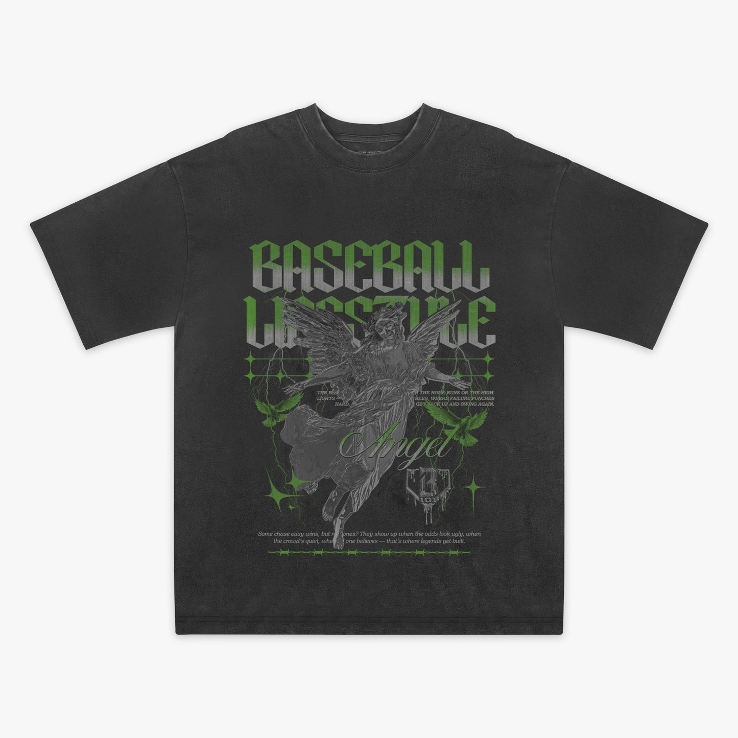 Grey t-shirt with green and grey graphic design on a white background