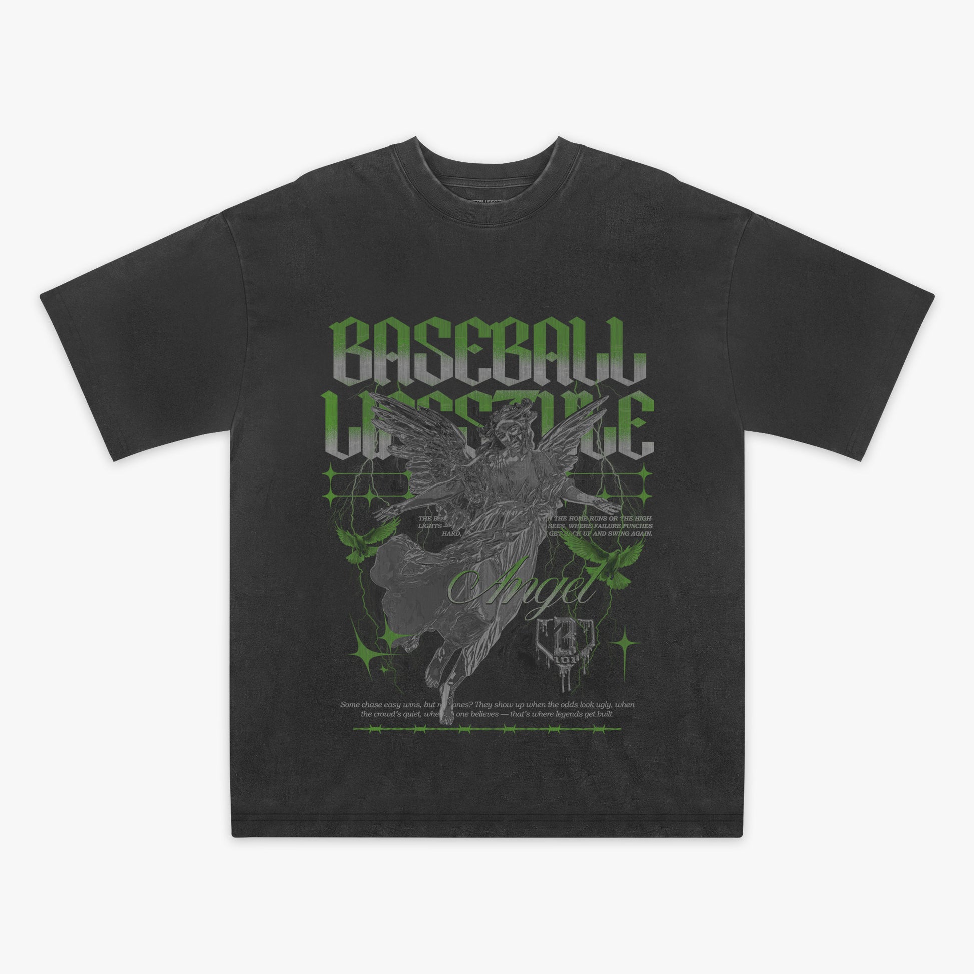 Grey t-shirt with green and grey graphic design on a white background