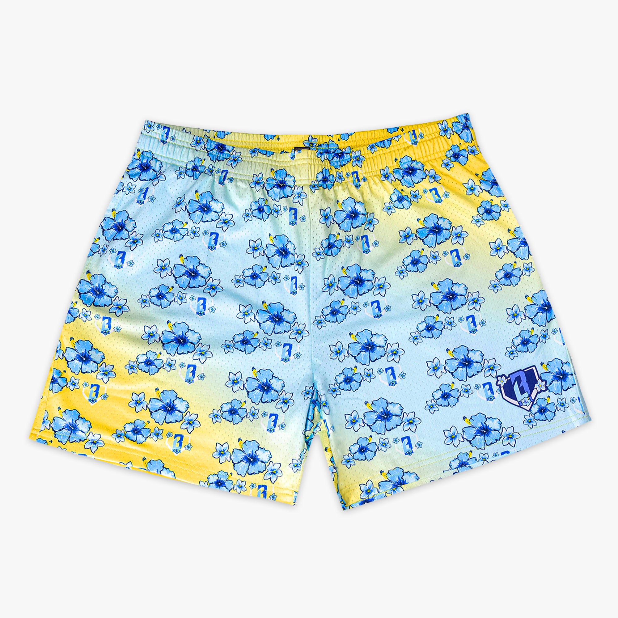 Yellow - blue gradient shorts with blue floral pattern on a white background