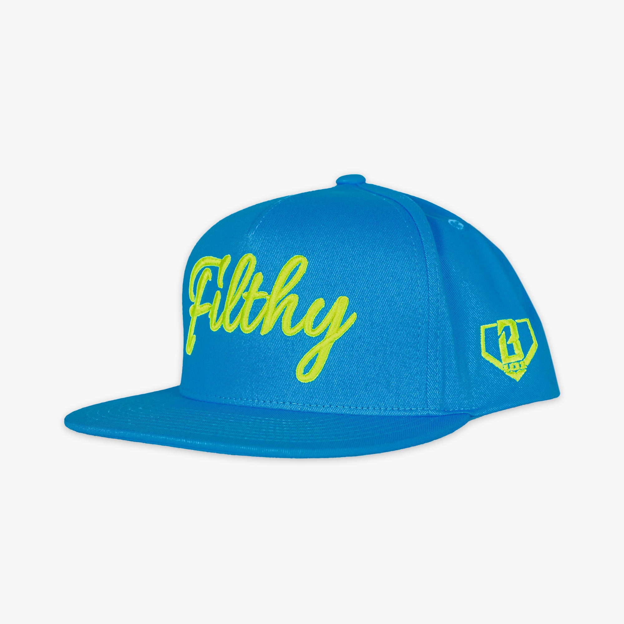 Blue cap with yellow filthy text and logo on a white background