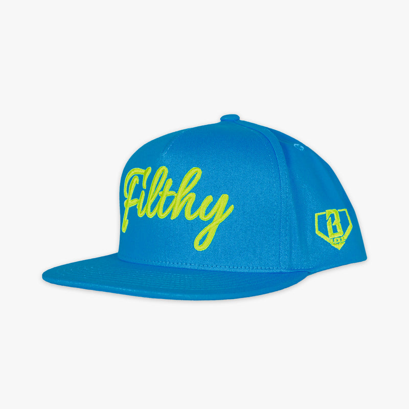 Blue cap with yellow filthy text and logo on a white background