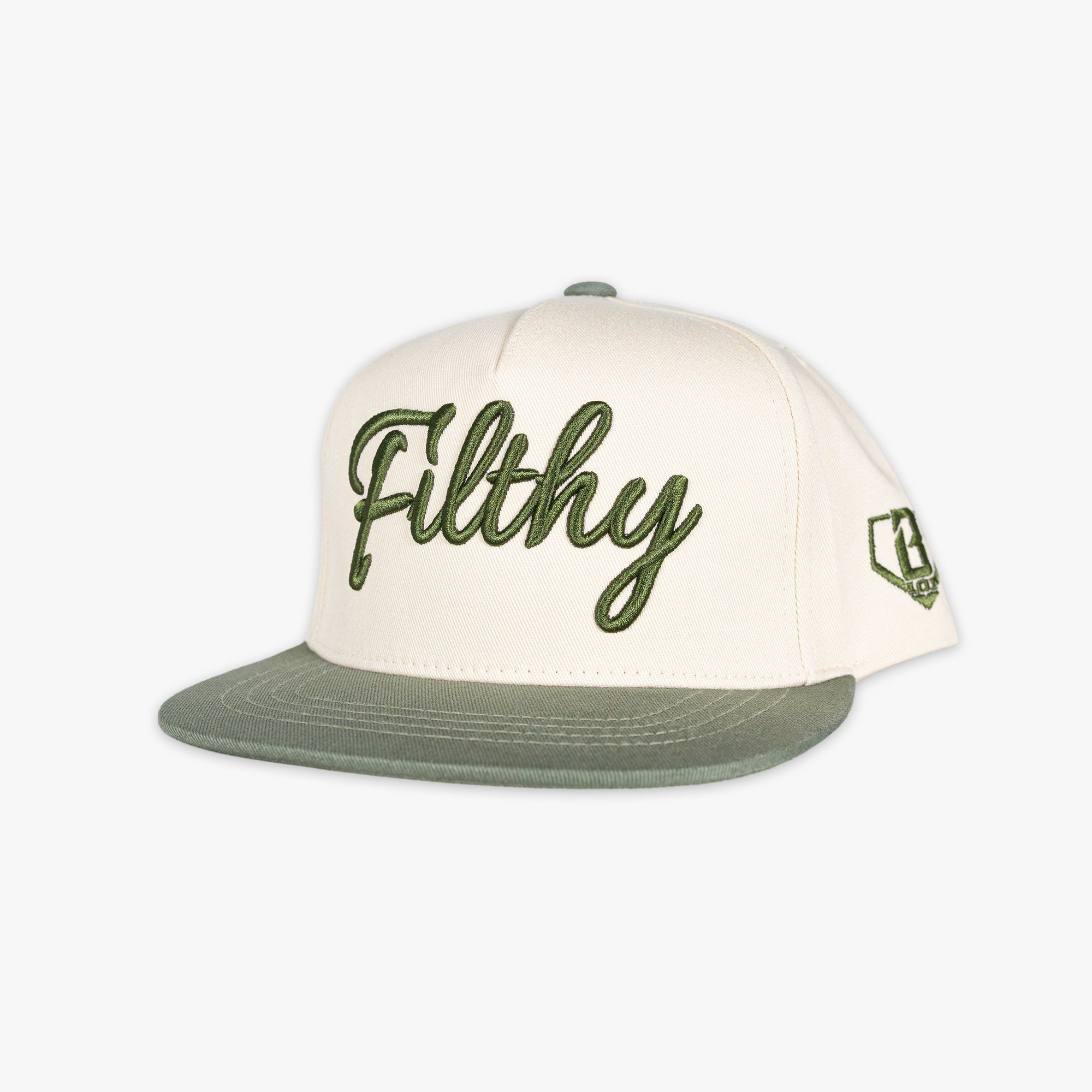 White and olive green snapback hat with Filthy embroidered on the front and BL101 logo on the side