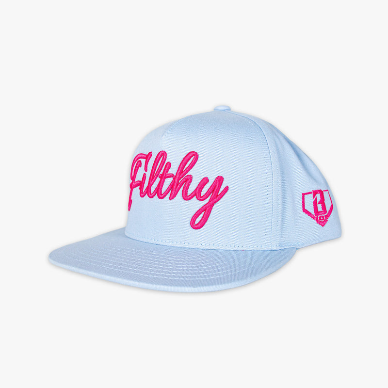 Light blue cap with pink Filthy text and logo on a white background