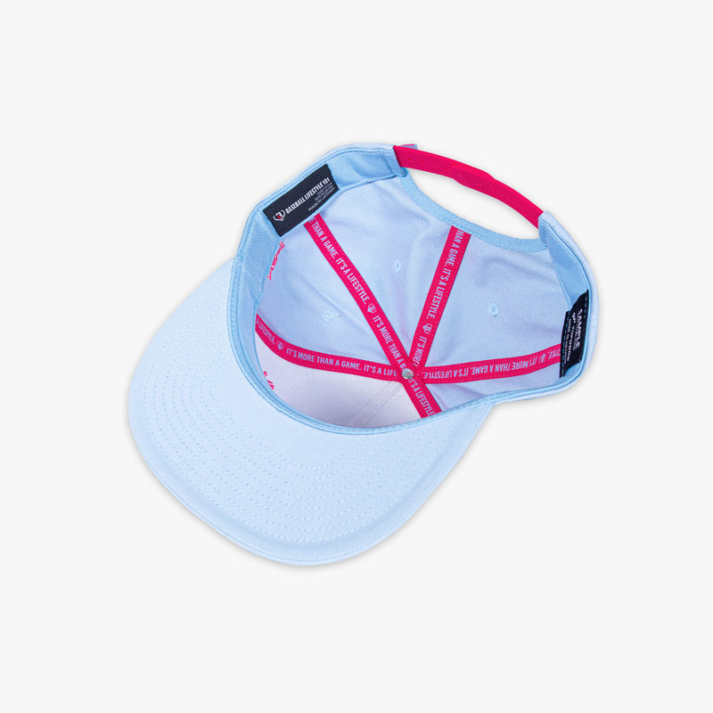Light blue cap with pink accents on a white background
