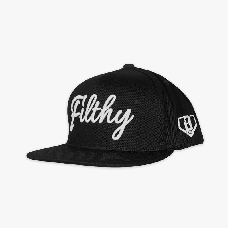 Adult model wearing black and white Filthy Off Field Snapback hat