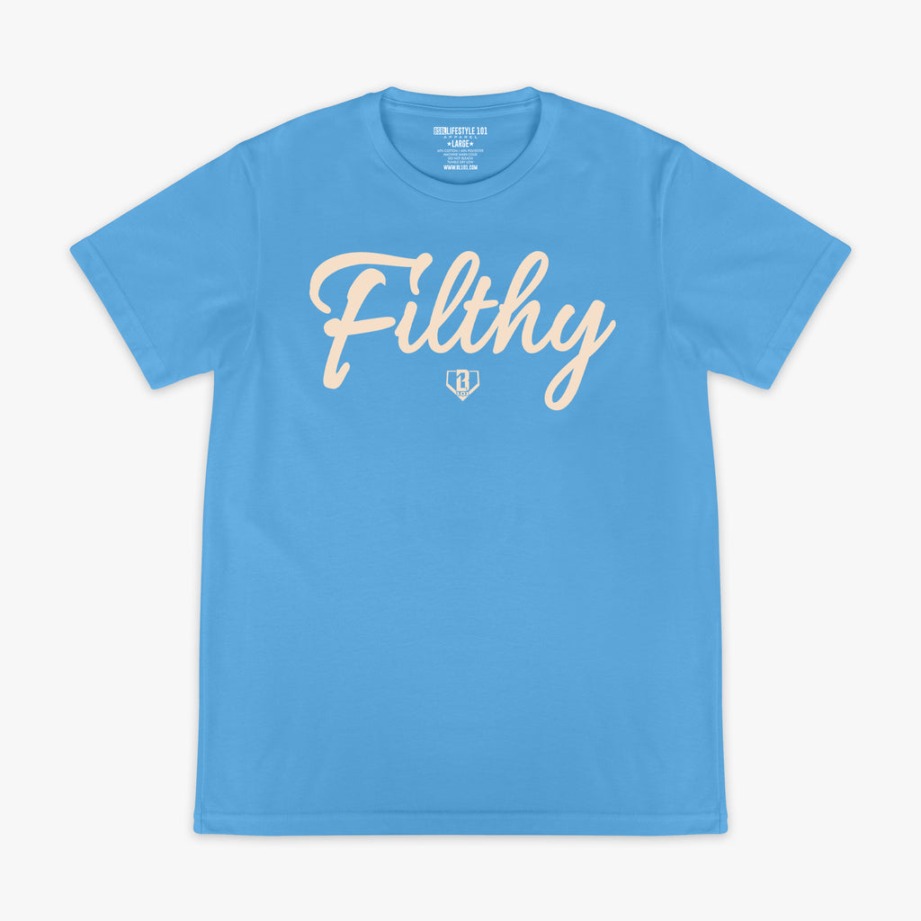 Light blue t-shirt with white 'Filthy' text on a white background