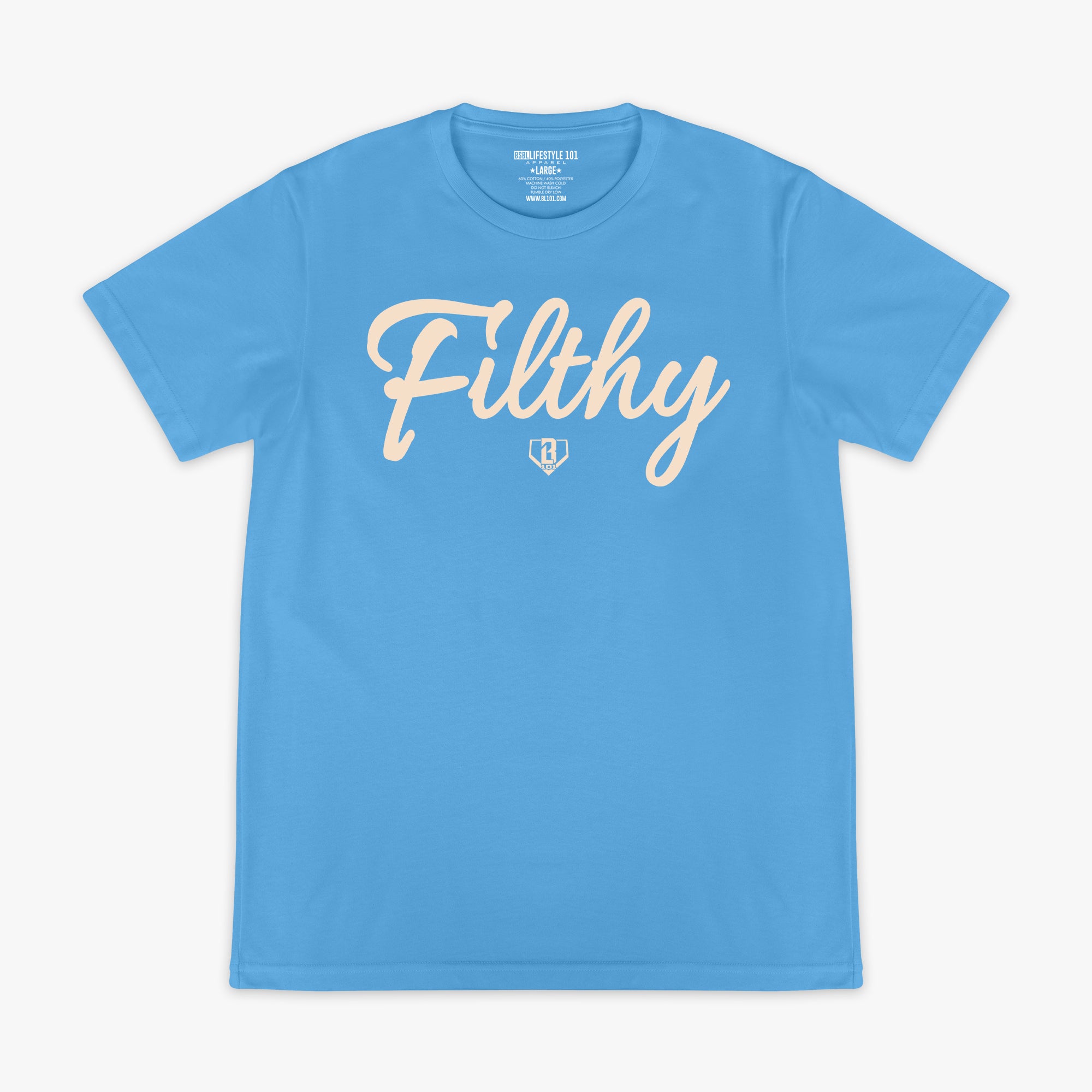 Light blue t-shirt with white 'Filthy' text on a white background
