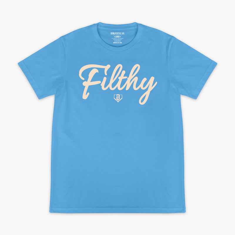 Light blue t-shirt with white 'Filthy' text on a white background