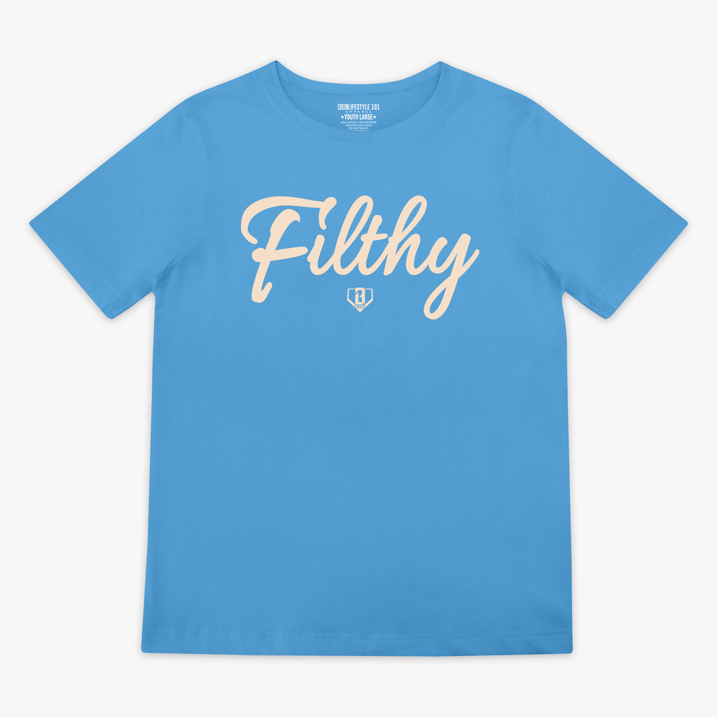 Blue t-shirt with white 'Filthy' printed on it against a white background