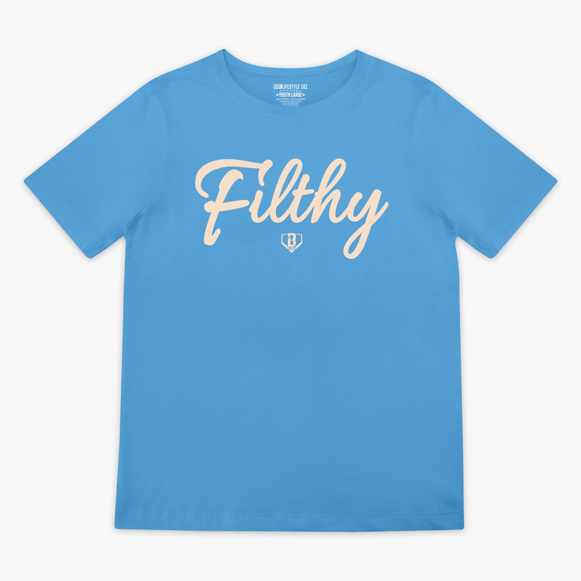 Blue t-shirt with white 'Filthy' printed on it against a white background