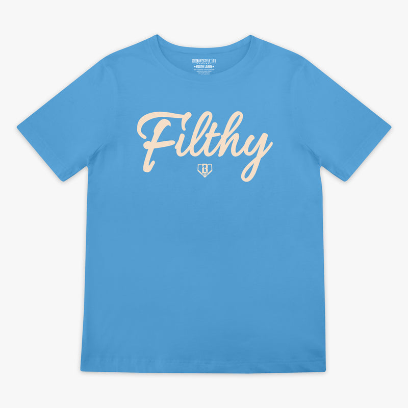 Blue t-shirt with white 'Filthy' printed on it against a white background