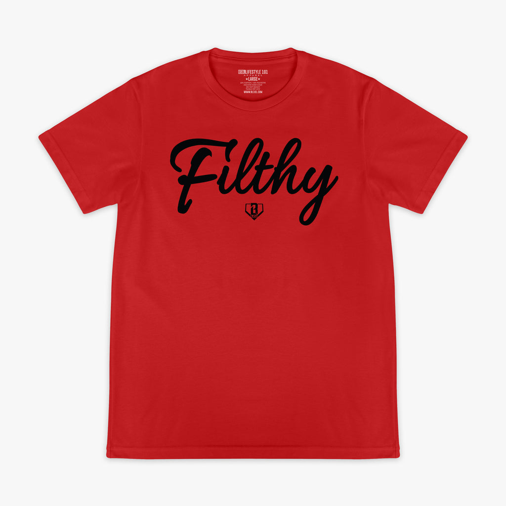 Red t-shirt with 'Filthy' printed in black on a white background