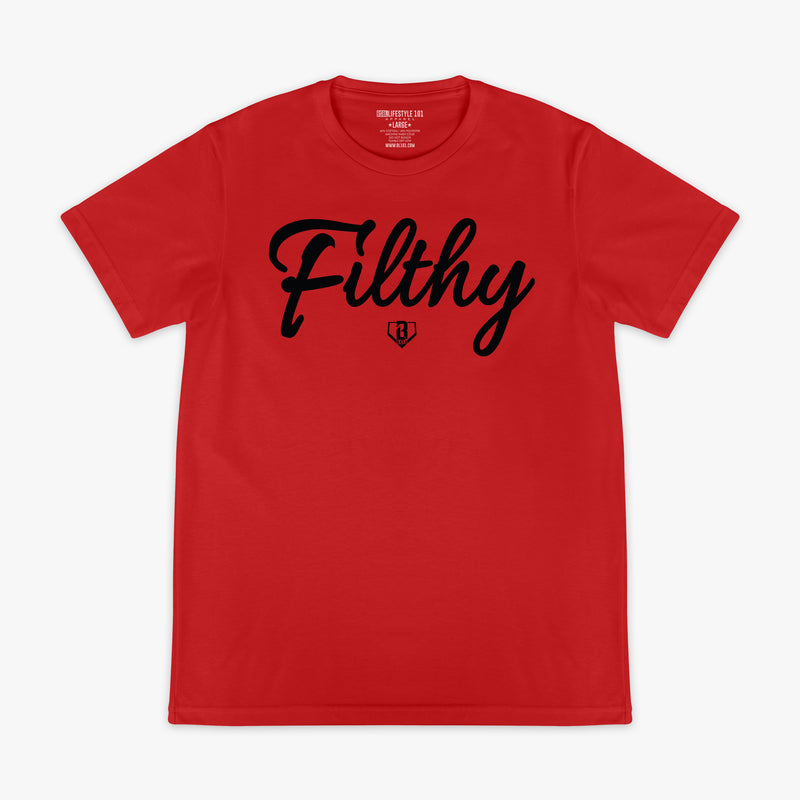 Red t-shirt with 'Filthy' printed in black on a white background