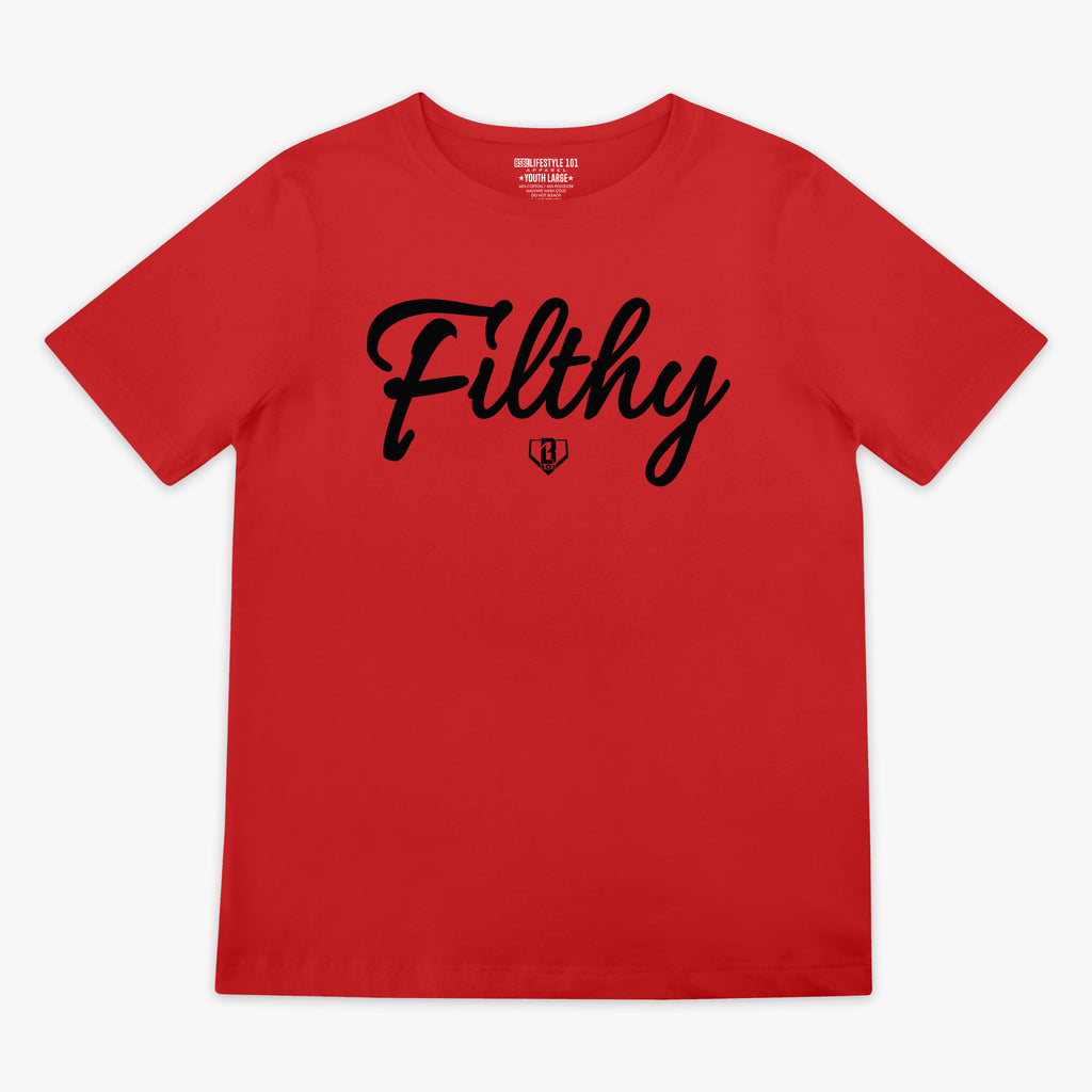 Red t-shirt with black 'Filthy' text 
