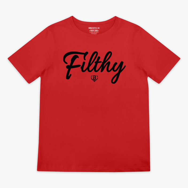 Red t-shirt with black 'Filthy' text 