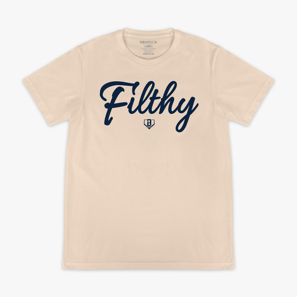 Beige t-shirt with 'Filthy' text on a white background