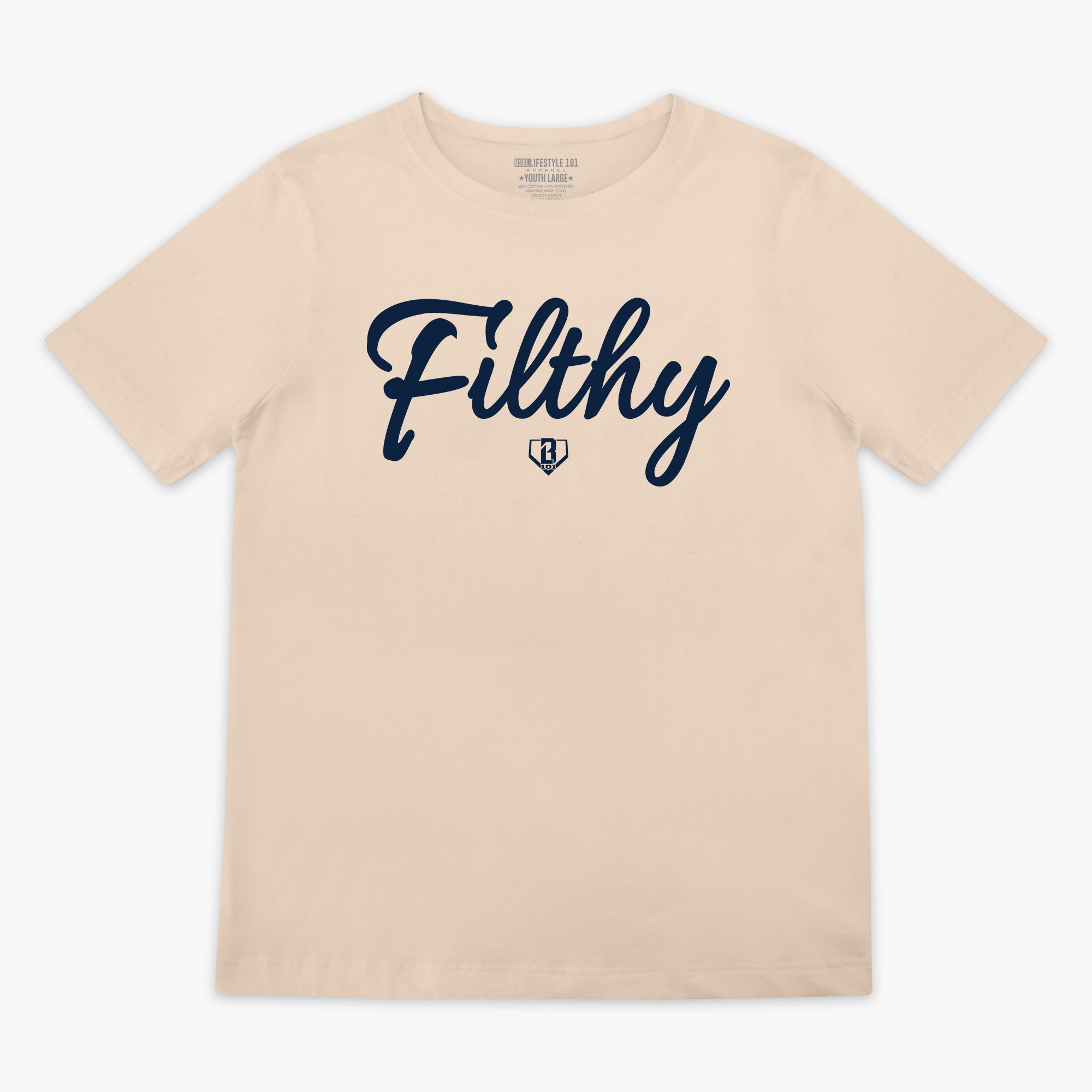 Beige t-shirt with dark blue 'Filthy' text on a white background