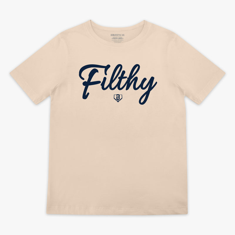 Beige t-shirt with dark blue 'Filthy' text on a white background