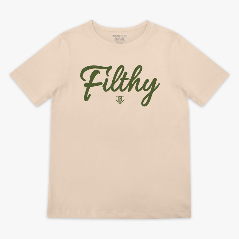 Youth Beige T-shirt with olive green ‘Filthy’ lettering and BL101 logo across chest.
