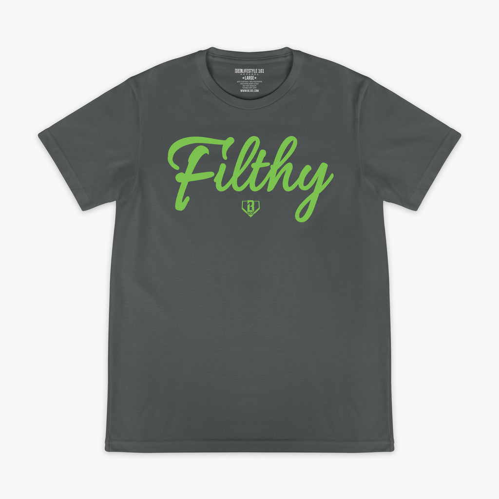 Gray t-shirt with green 'Filthy' text on a white background
