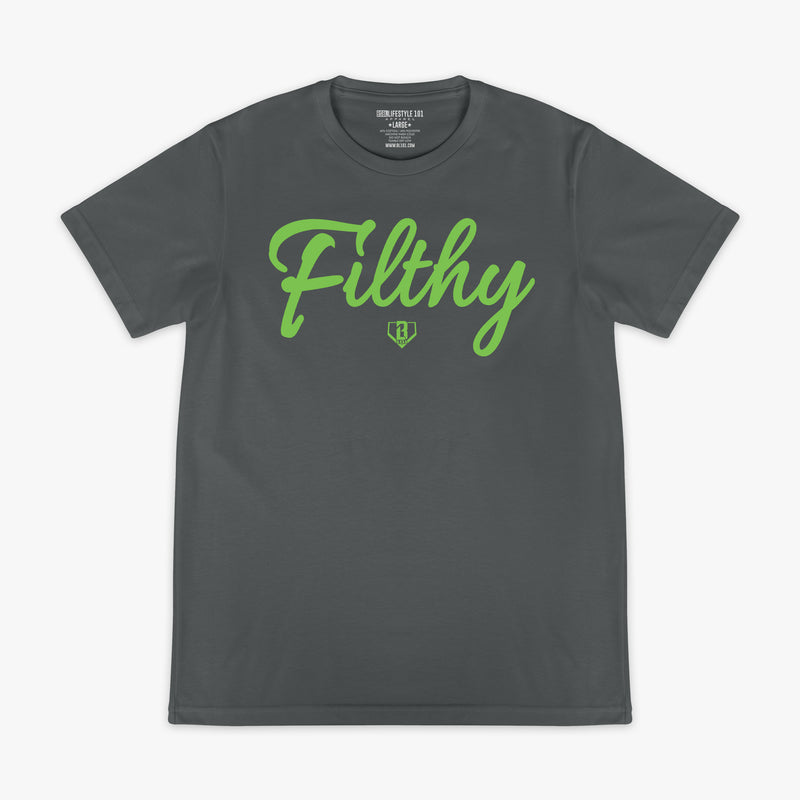Gray t-shirt with green 'Filthy' text on a white background