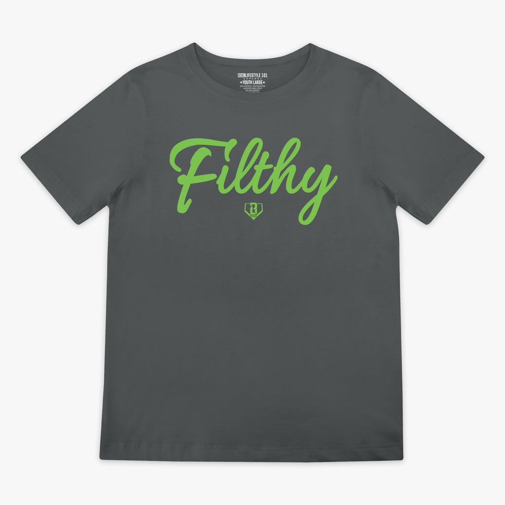 Gray t-shirt with green 'Filthy' text on a white background