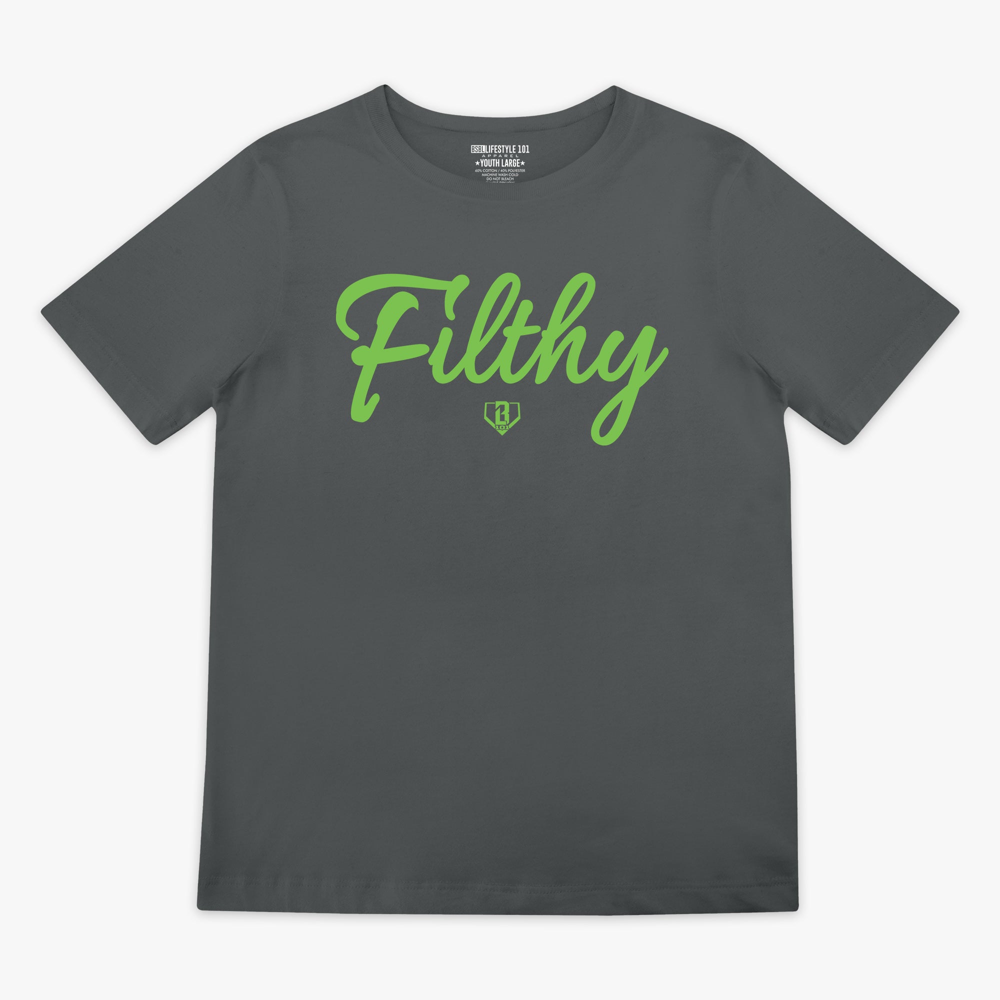 Gray t-shirt with green 'Filthy' text on a white background