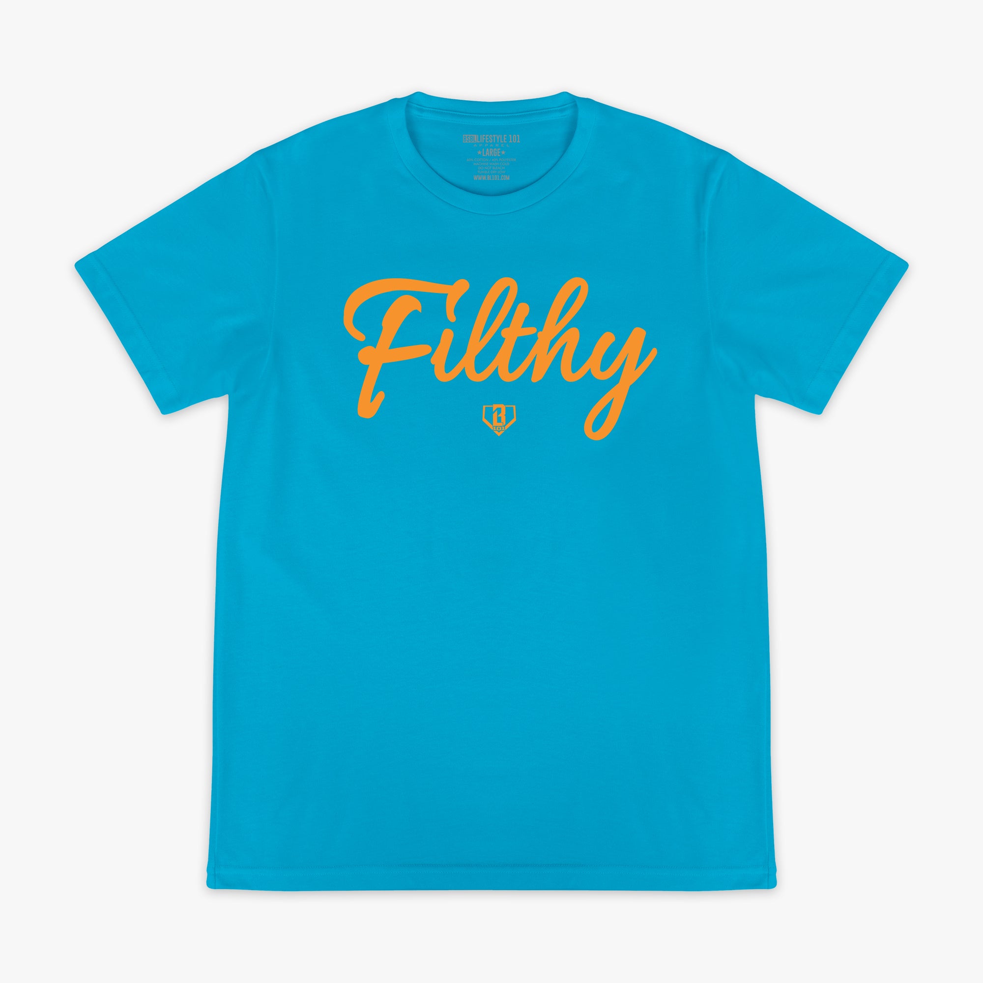 Blue t-shirt with orange text 'Filthy' on chest on a white background