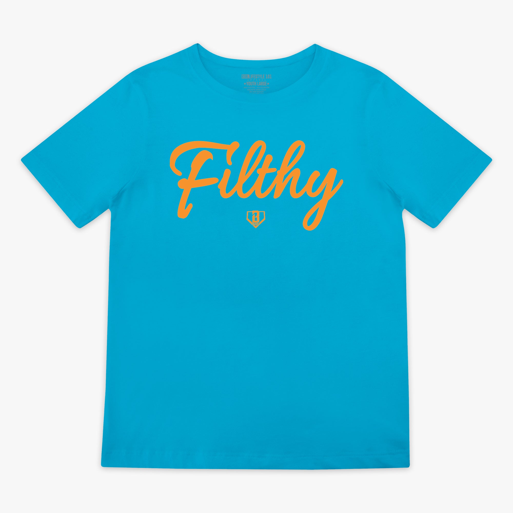 Blue t-shirt with orange 'Filthy' text on chest on a white background
