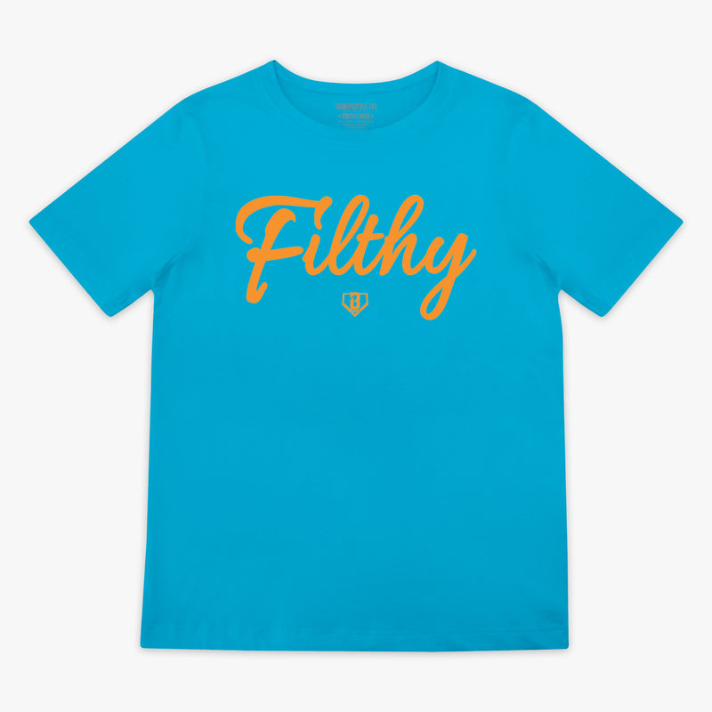 Blue t-shirt with orange 'Filthy' text on chest on a white background