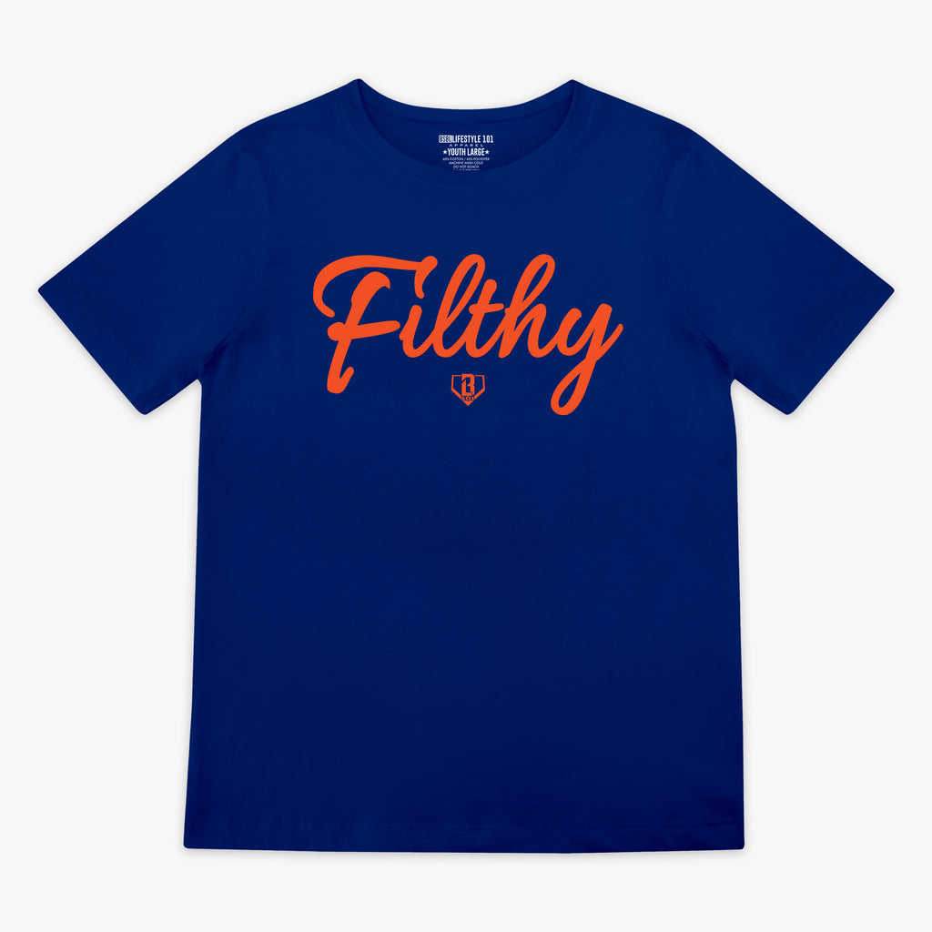 Blue t-shirt with orange 'Filthy' printed in red on a white background