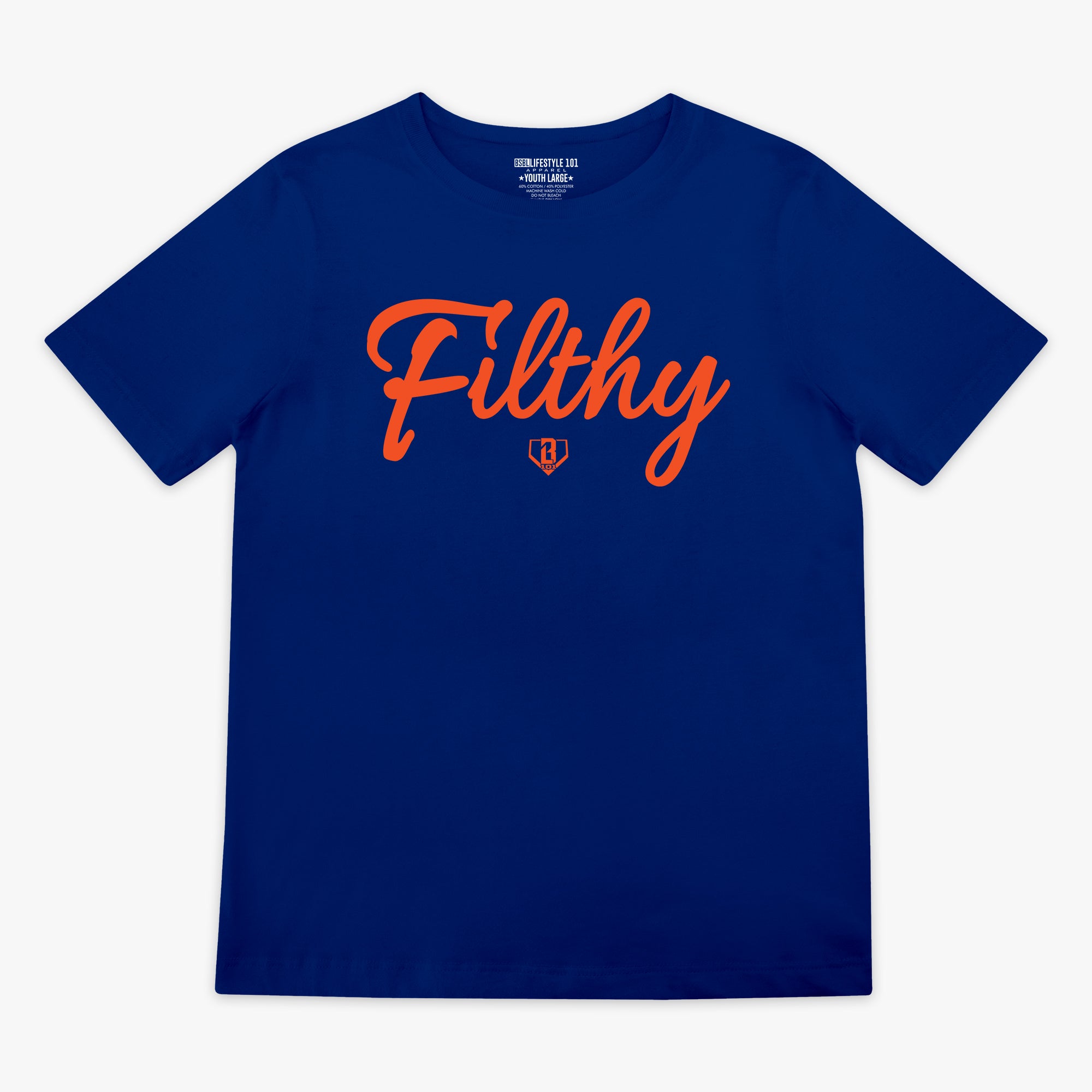 Blue t-shirt with orange 'Filthy' printed in red on a white background