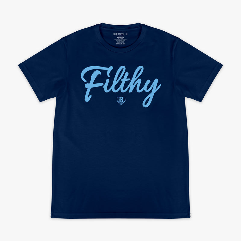 Navy blue t-shirt with 'Filthy' printed in light blue on a white background