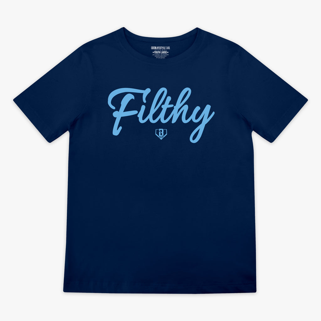 Navy blue t-shirt with 'Filthy' printed in light blue on a white background