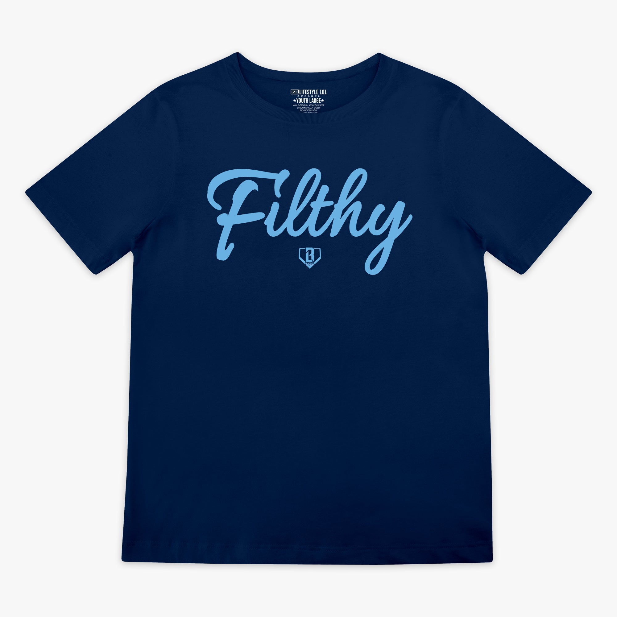 Navy blue t-shirt with 'Filthy' printed in light blue on a white background