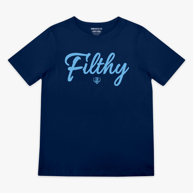 Navy blue t-shirt with 'Filthy' printed in light blue on a white background