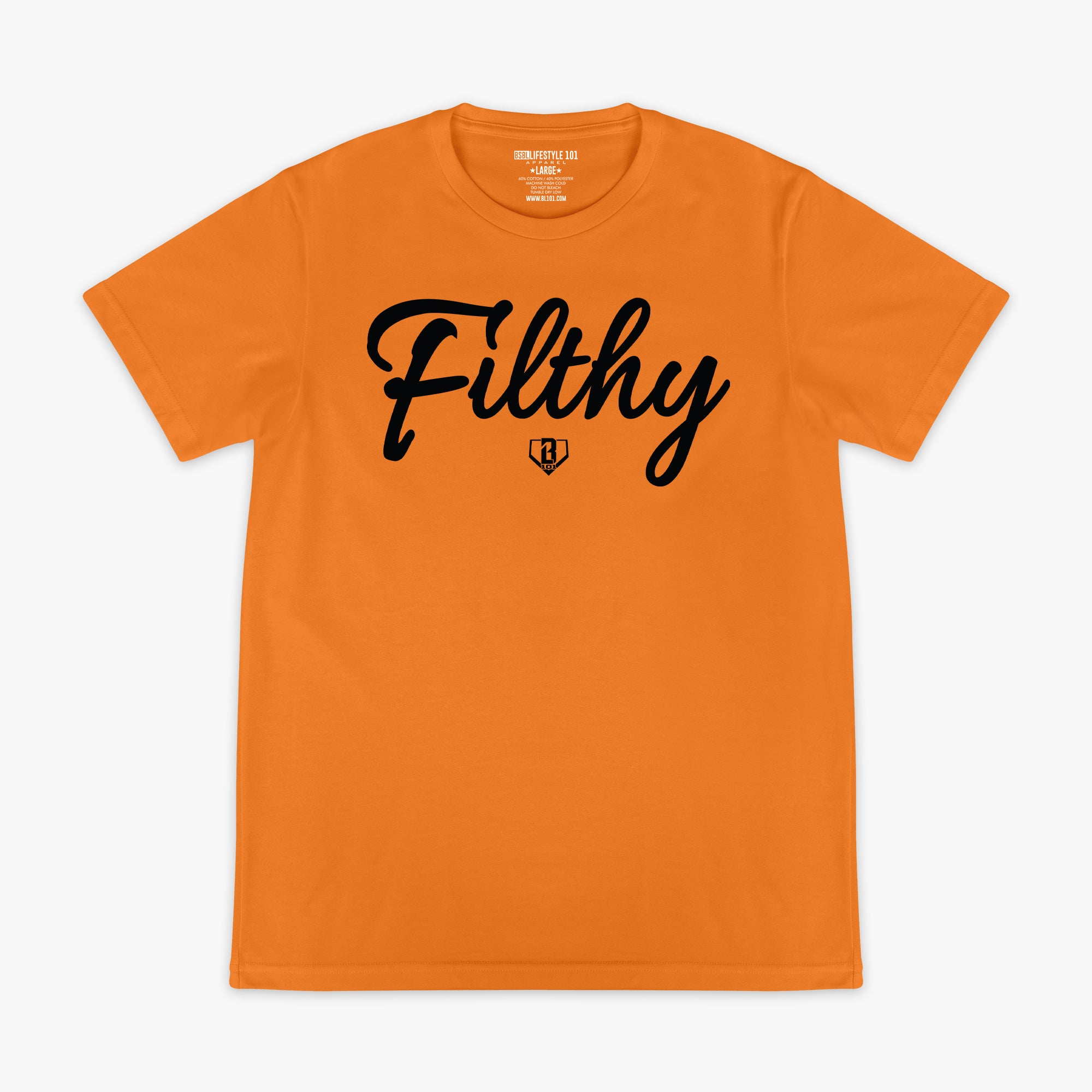 Orange t-shirt with 'Filthy' text on 