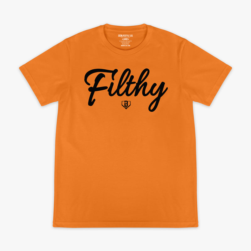 Orange t-shirt with 'Filthy' text on 