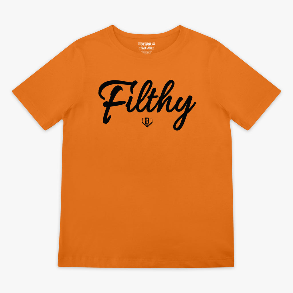 Orange t-shirt with 'Filthy' text on a white background