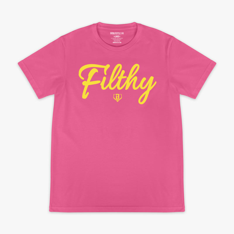 Pink t-shirt with yellow text 'Filthy' on a white background