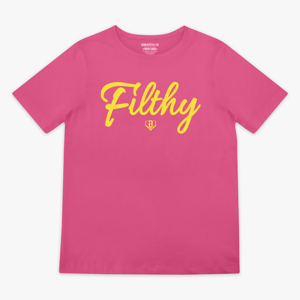 Pink t-shirt with yellow text 'Filthy' on a white background