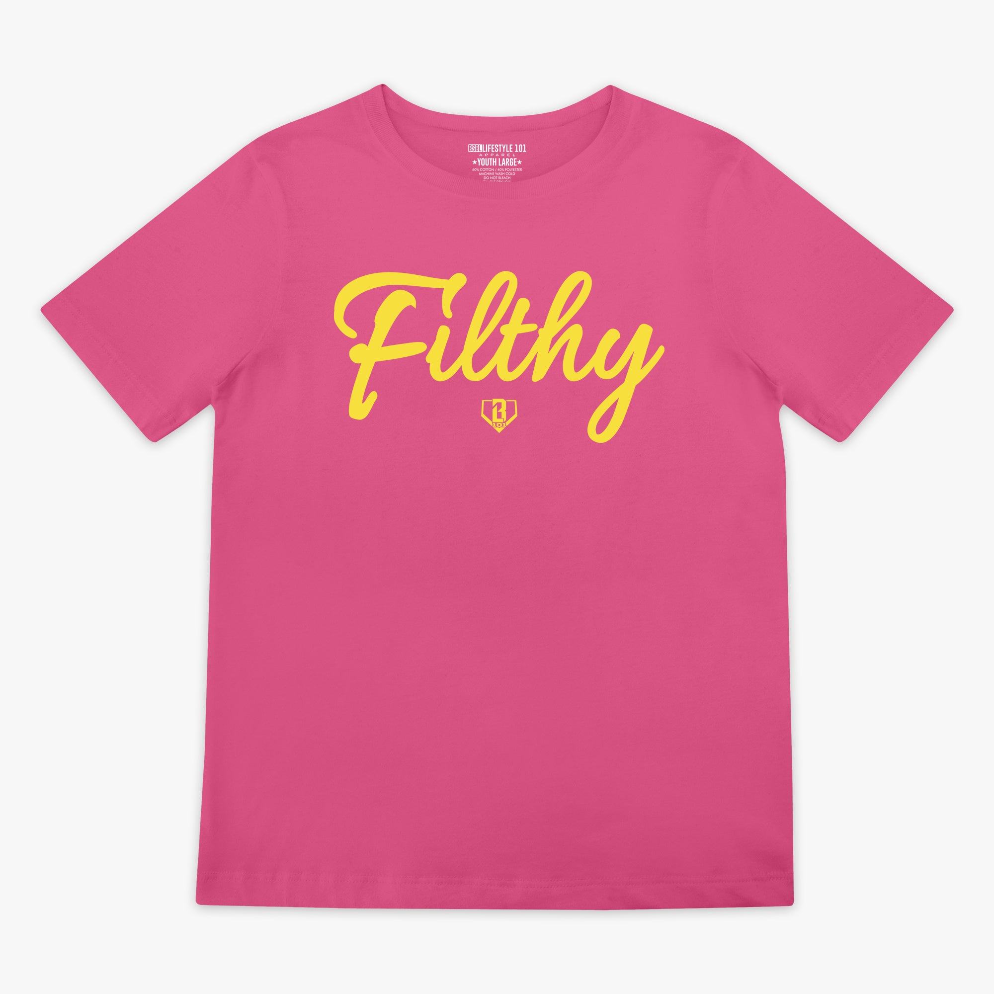 Pink t-shirt with yellow text 'Filthy' on a white background
