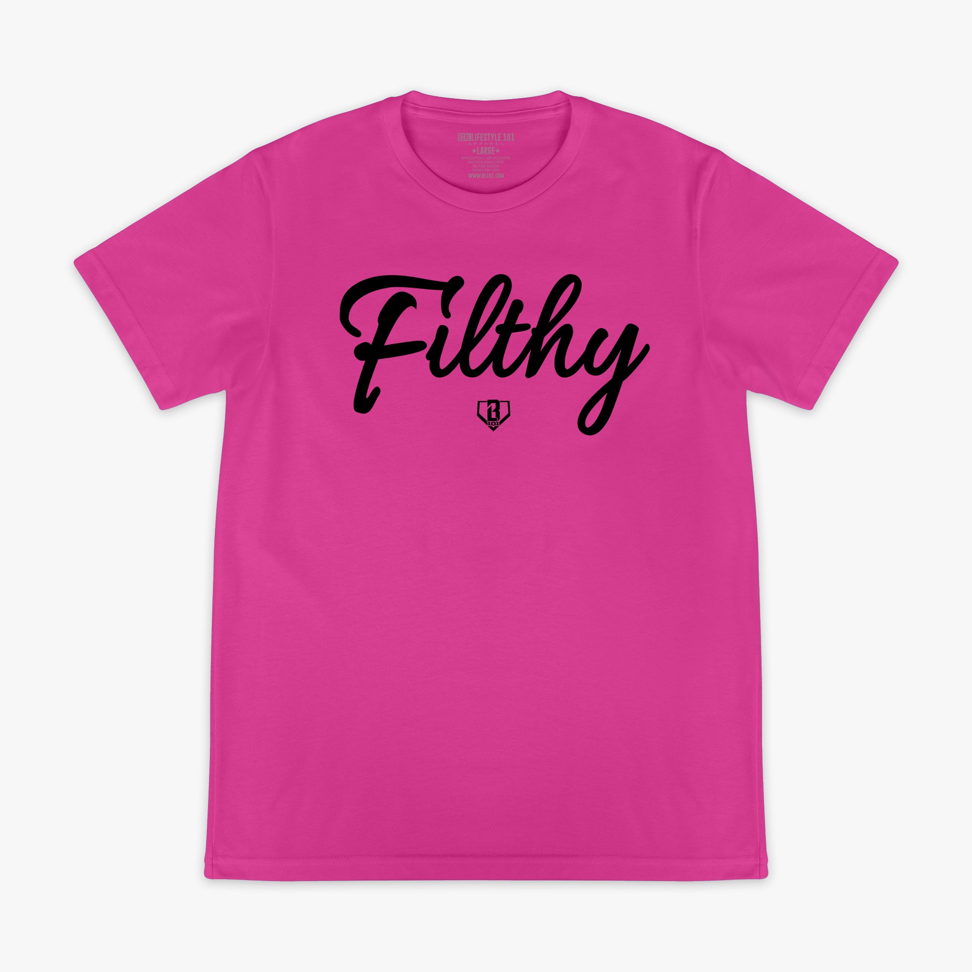 Pink t-shirt with black 'Filthy' text on chest on a white background