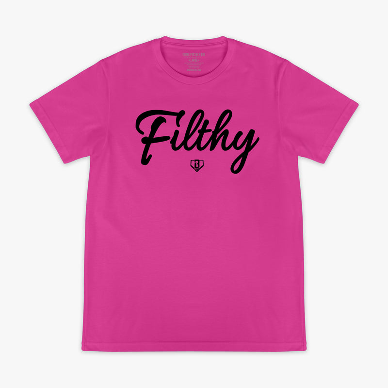 Pink t-shirt with black 'Filthy' text on chest on a white background