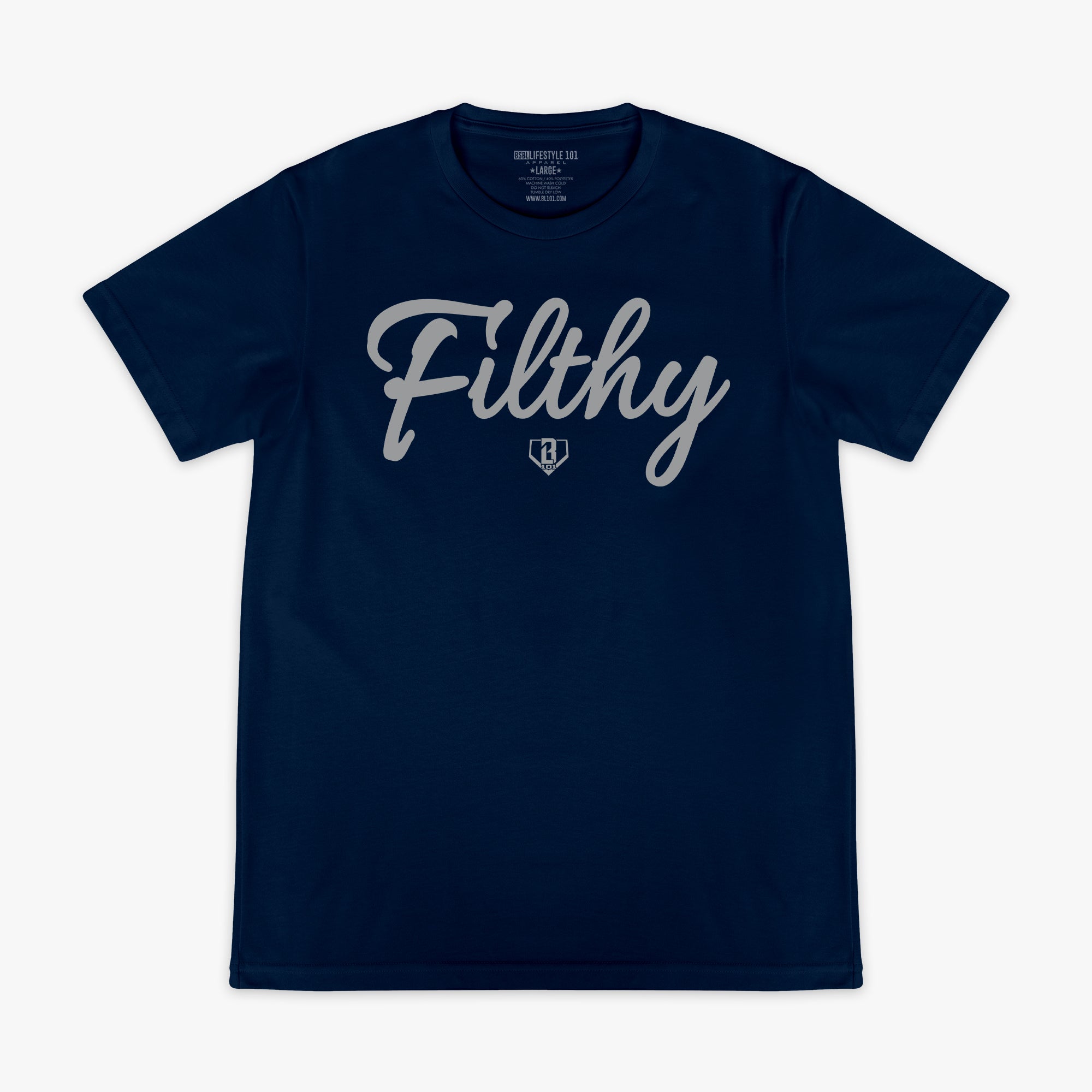 Navy blue t-shirt with 'Filthy' printed in grey on a white background